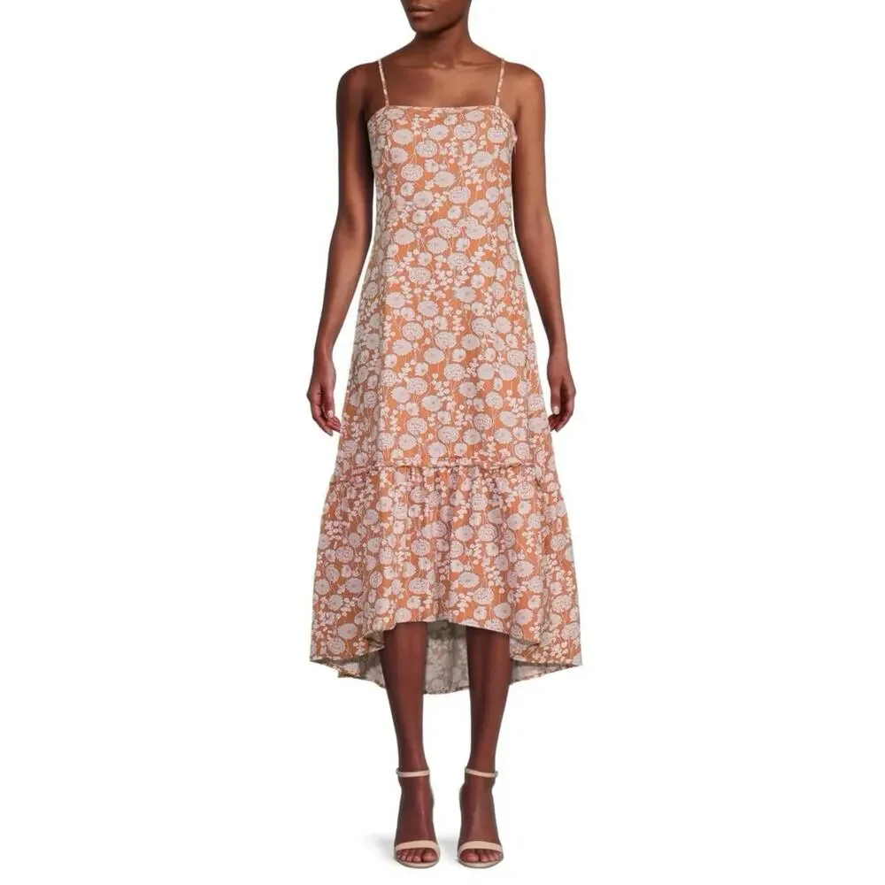 Saks Fifth Avenue Floral Ruffle Linen Blend Midi Dress Size L Brown White - Picture 2 of 12